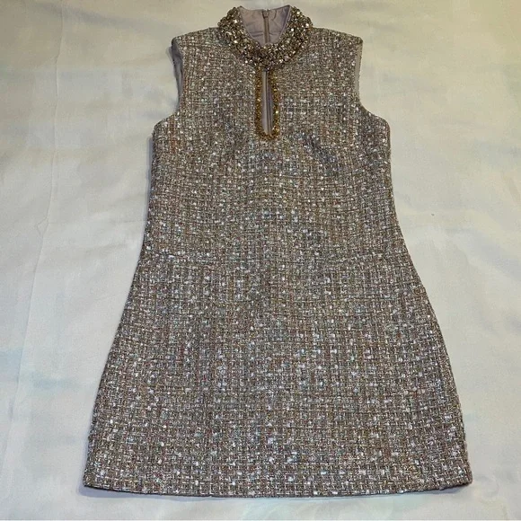 Self-Portrait- Gold Tinsel Boucle Embellished Mini Dress Size US 6 Cocktail - Picture 2 of 10